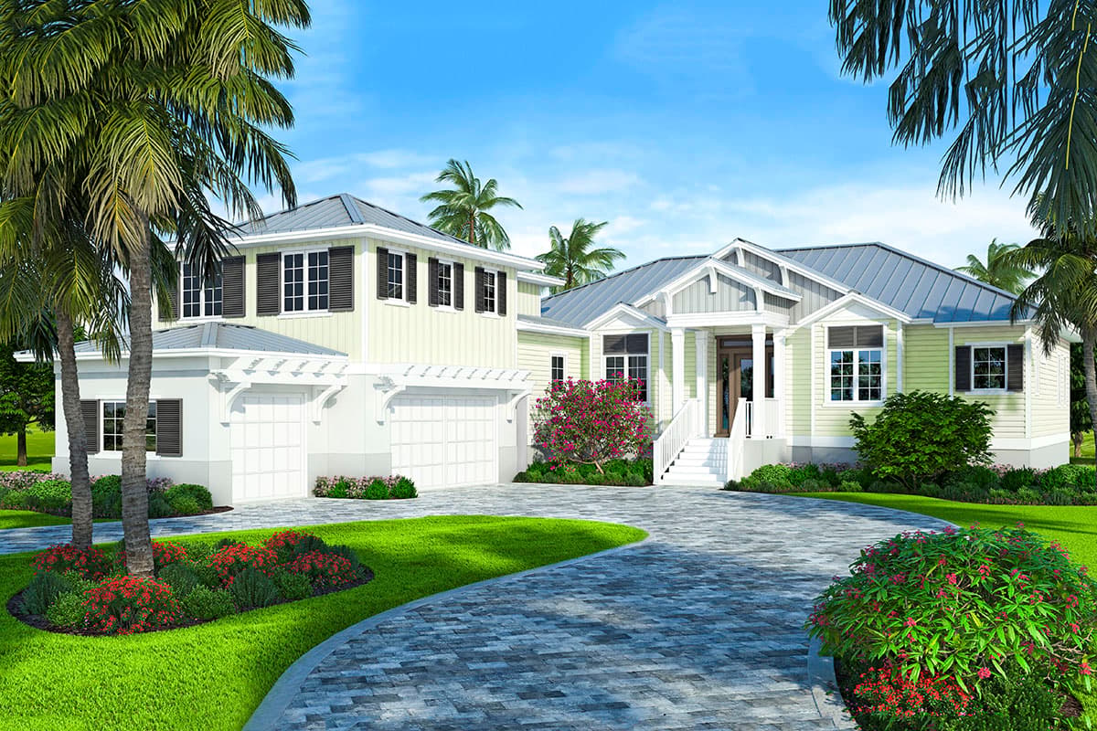 House plan exterior: Two-story Modern Coastal style with metal roof, front porch, and three-car garage.