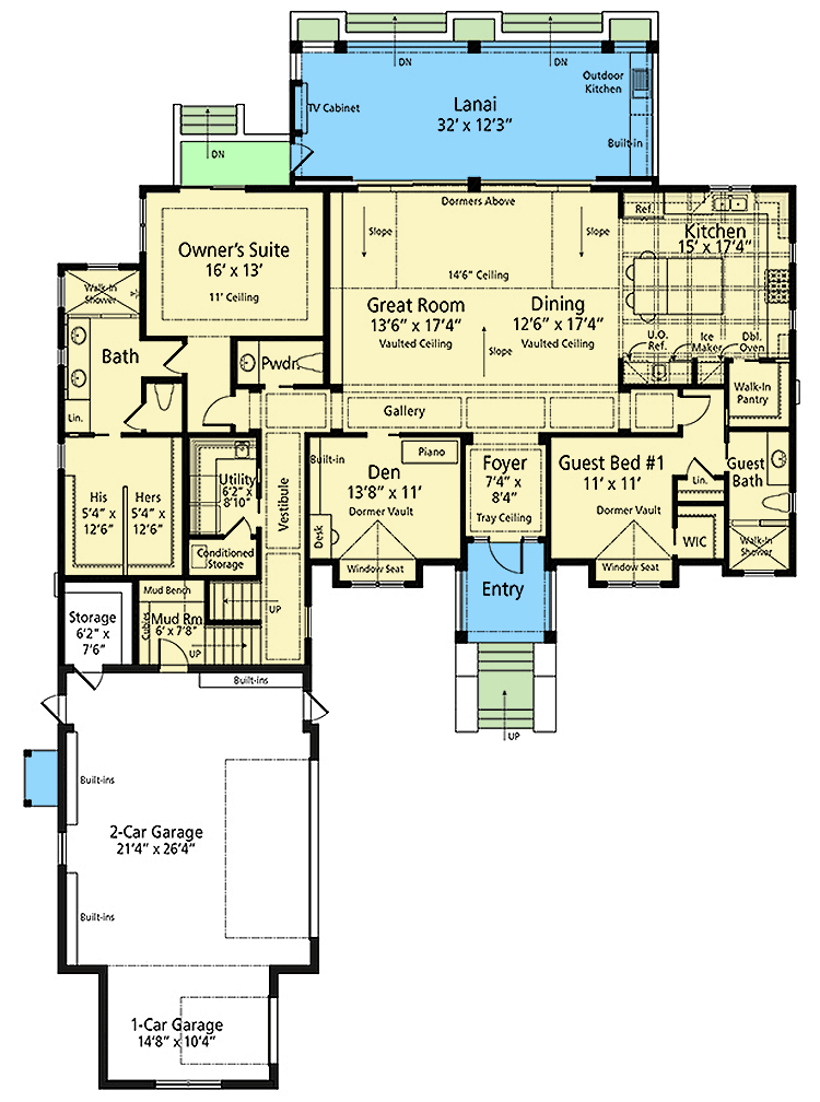 Plan 33234ZR: 4-Bed Coastal Contemporary House Plan with Open Concept Living Area - 2925 Sq Ft - Floor Plan - Main Level - Coastal, Coastal Contemporary, Contemporary, New American, Southern