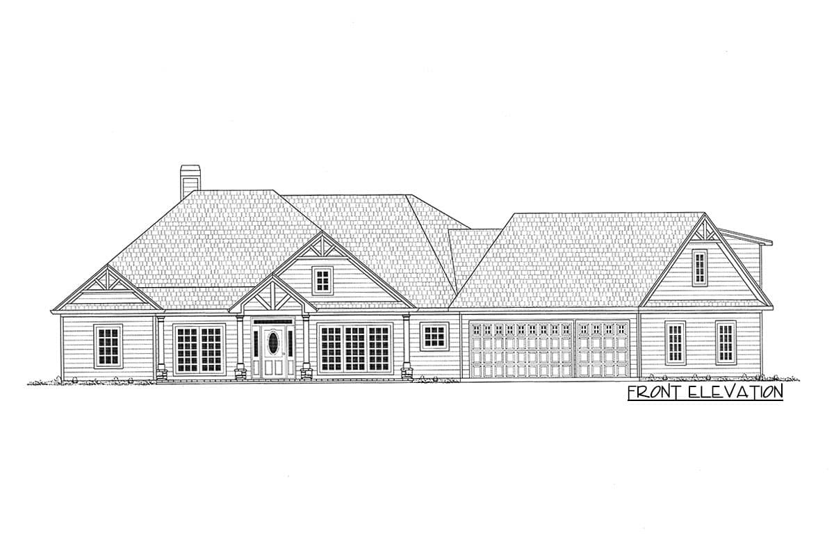 Front elevation house plan featuring a hipped roof, dormers, covered entryway, and a three-car garage.