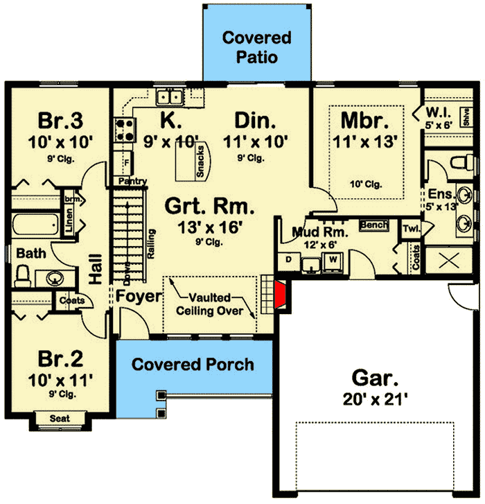 Plan 67755MG: Craftsman Ranch with Attractive Shed Dormer - 1244 Sq Ft - Floor Plan - Main Level - Craftsman, Northwest, Ranch