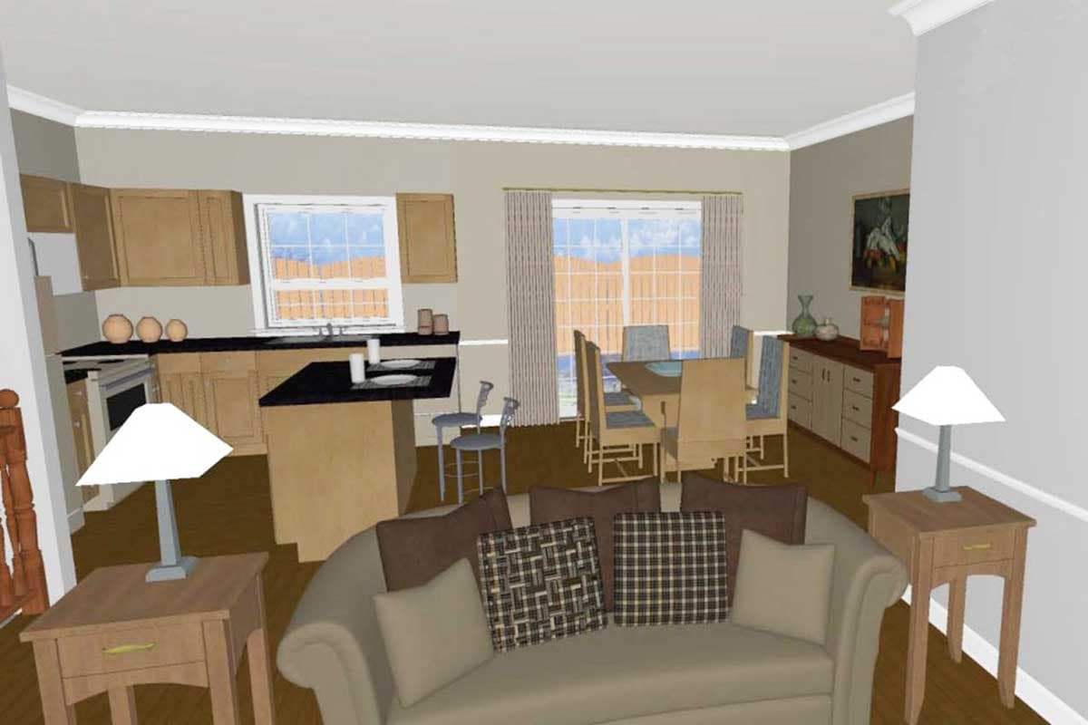 Interior rendering of a kitchen and dining area with island, table, chairs, and sofa.