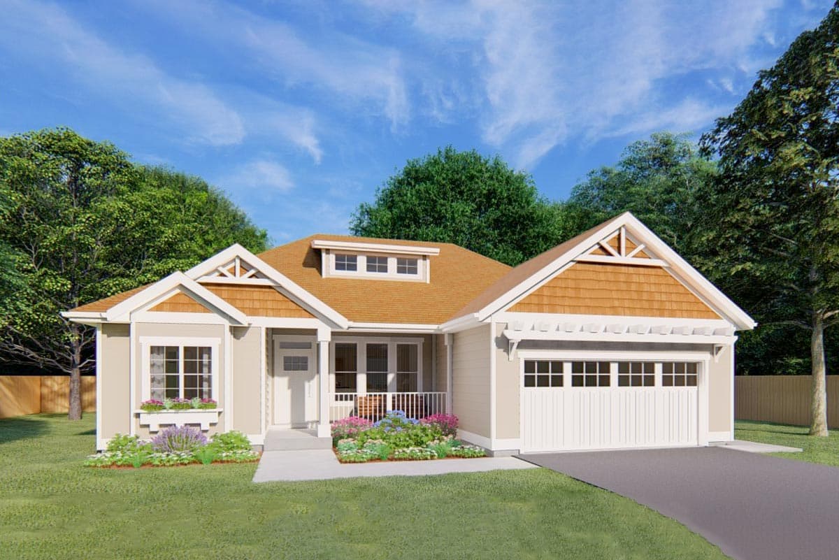 House plan exterior. Ranch style with gabled roof, covered porch, and attached garage. Includes dormer and decorative trim.