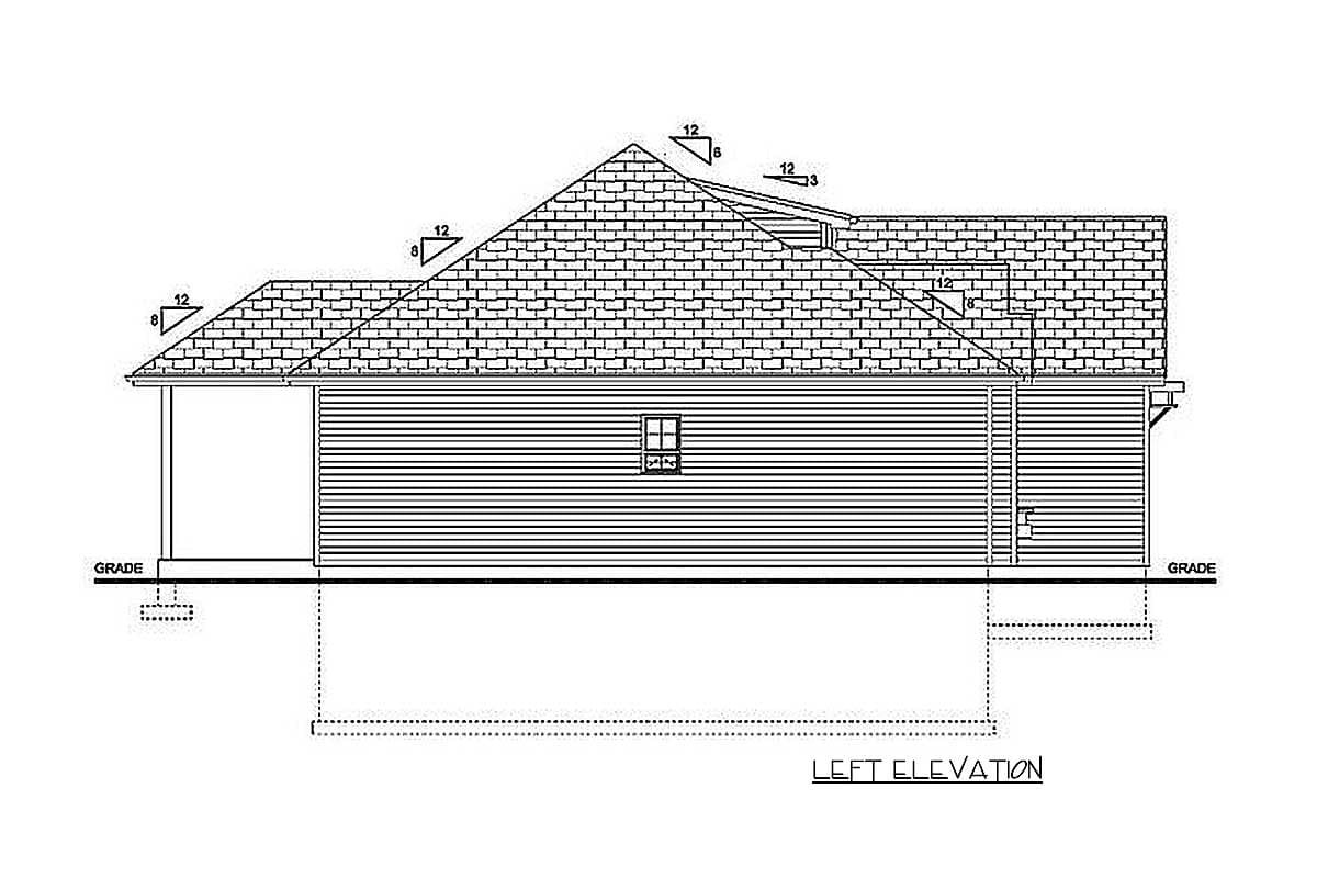 Left elevation house plan showing a side view with a porch, horizontal siding, and a complex roofline with various pitches.