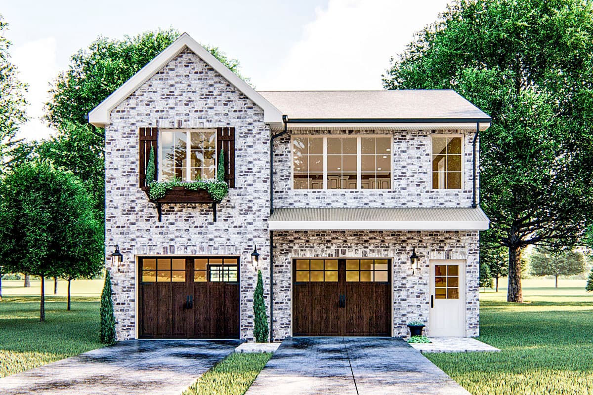 Two-story house plan exterior with brick facade, gable roof, two-car garage, and upper-level windows with a balcony.