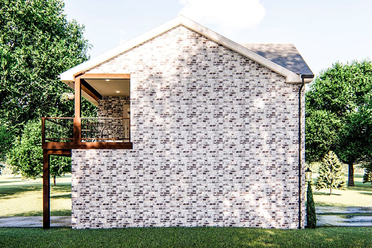 House plan exterior with white brick siding, pitched roof, and a second-story deck and covered balcony.