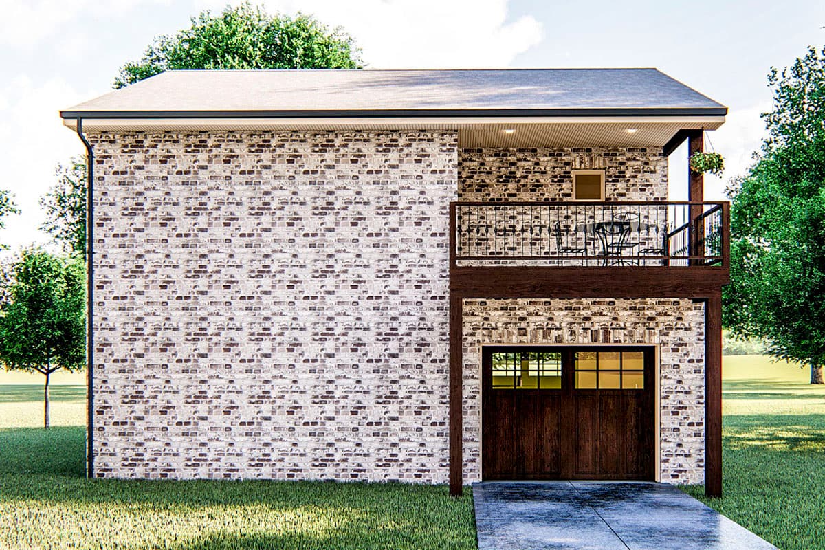 House plan exterior showing a two-story brick structure with a second-story balcony and a wooden garage door.