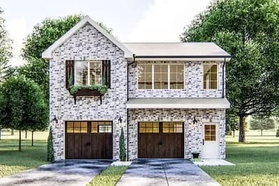 Drive-Through Garage Apartment Plan with Second Floor Covered Deck