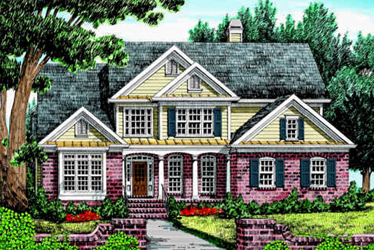 House plan exterior of a two-story home with a brick facade, gables, dormers, and a covered front porch.