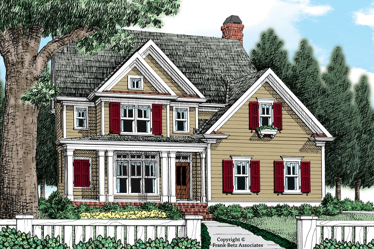 House plan exterior. Two-story Colonial with gabled roof, front porch, and dormers. Features include red shutters and a brick chimney.