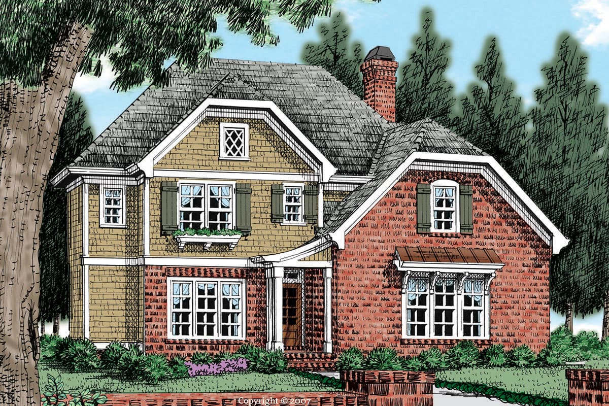 House plan exterior featuring two-story design, gables, dormers, brick and siding exterior, and a chimney. Shuttered windows are visible.