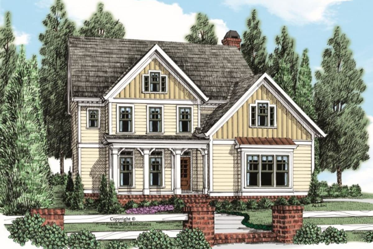House plan exterior rendering. Two-story Colonial style home with a front porch, gables, and a prominent roofline with dormers.