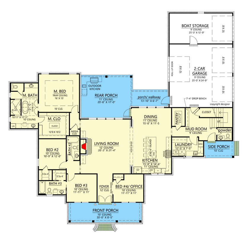 Plan 56451SM: Farmhouse Plan with Rear Entry Garage and Optional Bonus Room - 2731 Sq Ft - Floor Plan - Main Level - Country, Farmhouse, Modern Farmhouse, New American, Southern