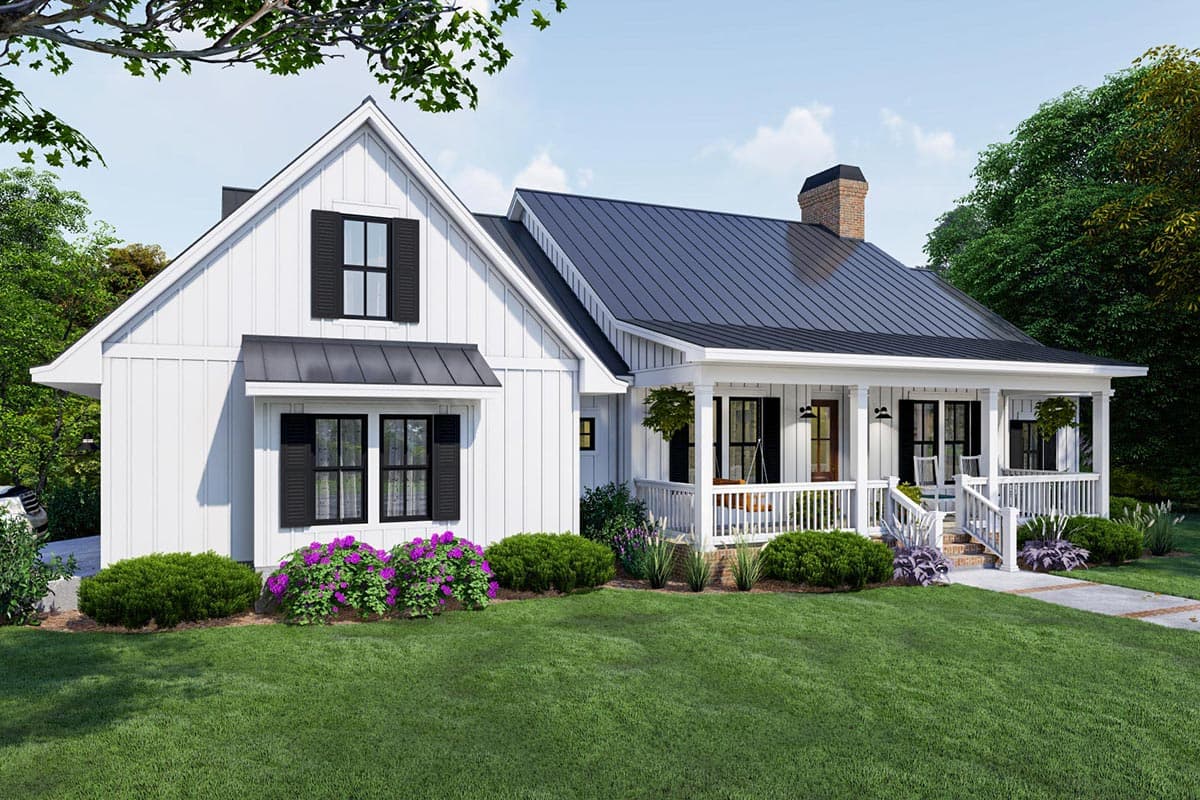 Modern farmhouse house plan exterior with white board and batten siding, gables, metal roof, and wraparound porch.