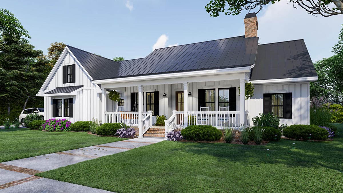 Modern Farmhouse house plan exterior, one story, with prominent front porch, gables, and black metal roof.