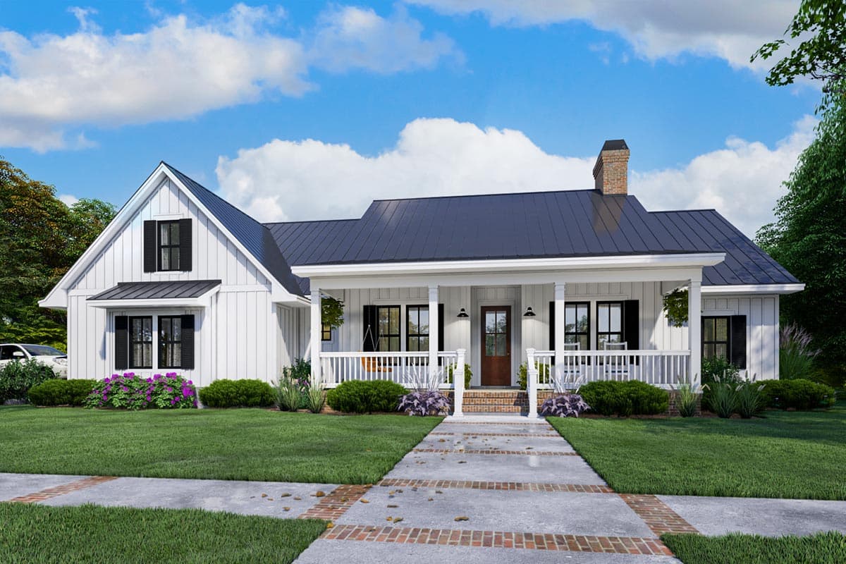 House plan exterior. Modern Farmhouse style with a front porch, gables, and a dark metal roof. Features include black shutters and a brick chimney.