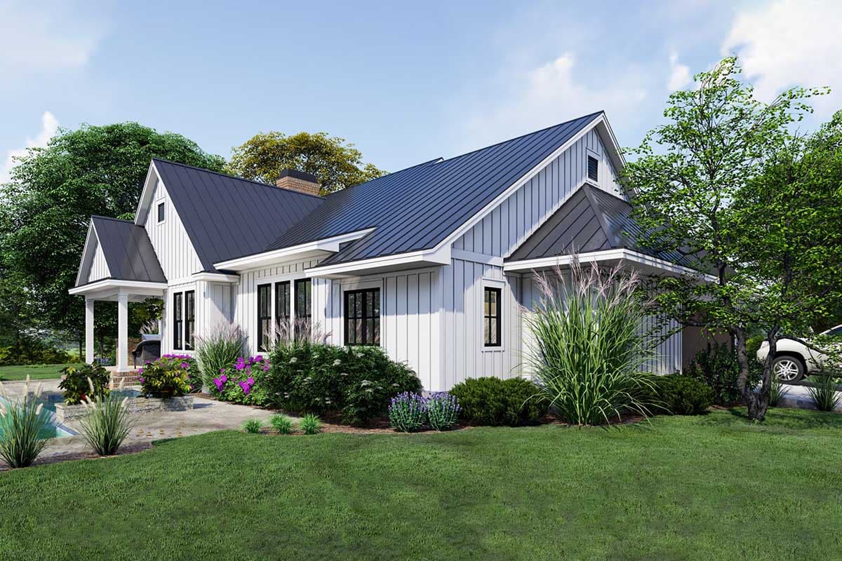 Modern Farmhouse house plan exterior with board and batten siding, metal roof, gabled dormer, and covered front porch.