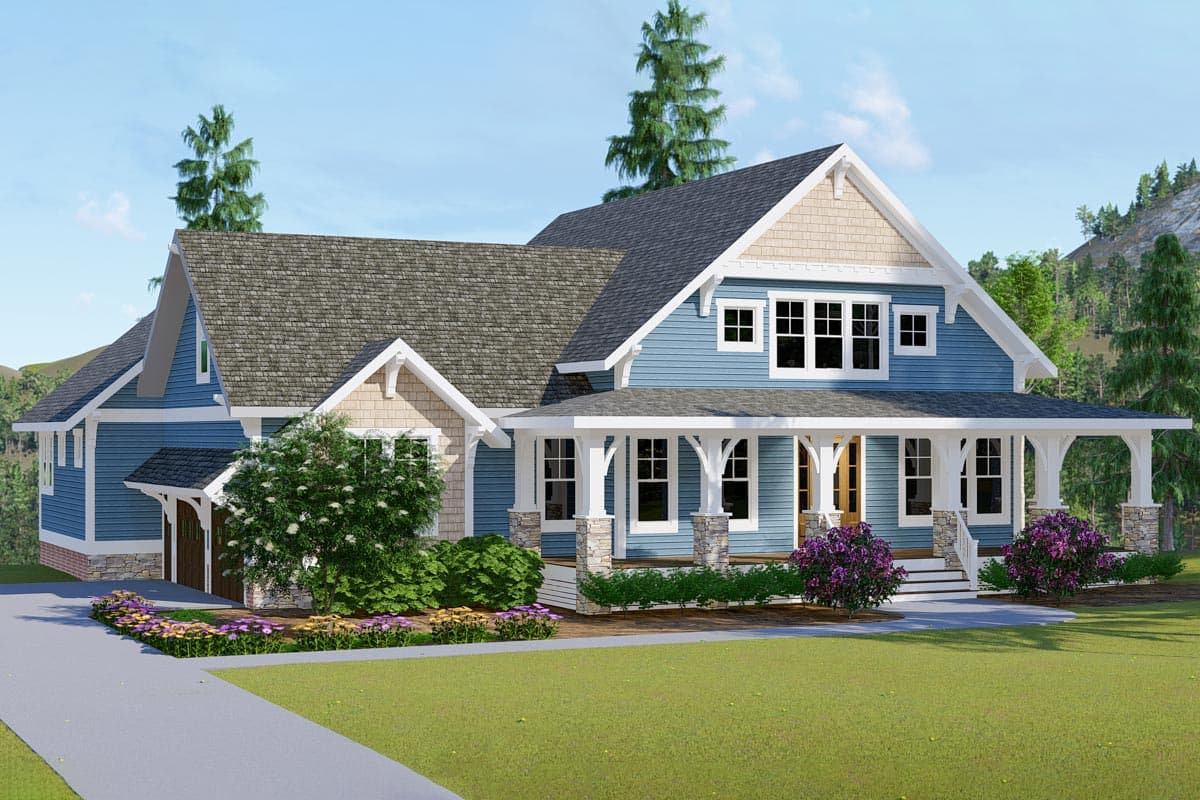 House plan exterior: Two-story blue home with wrap-around porch, stone pillars, gables, and attached garage.