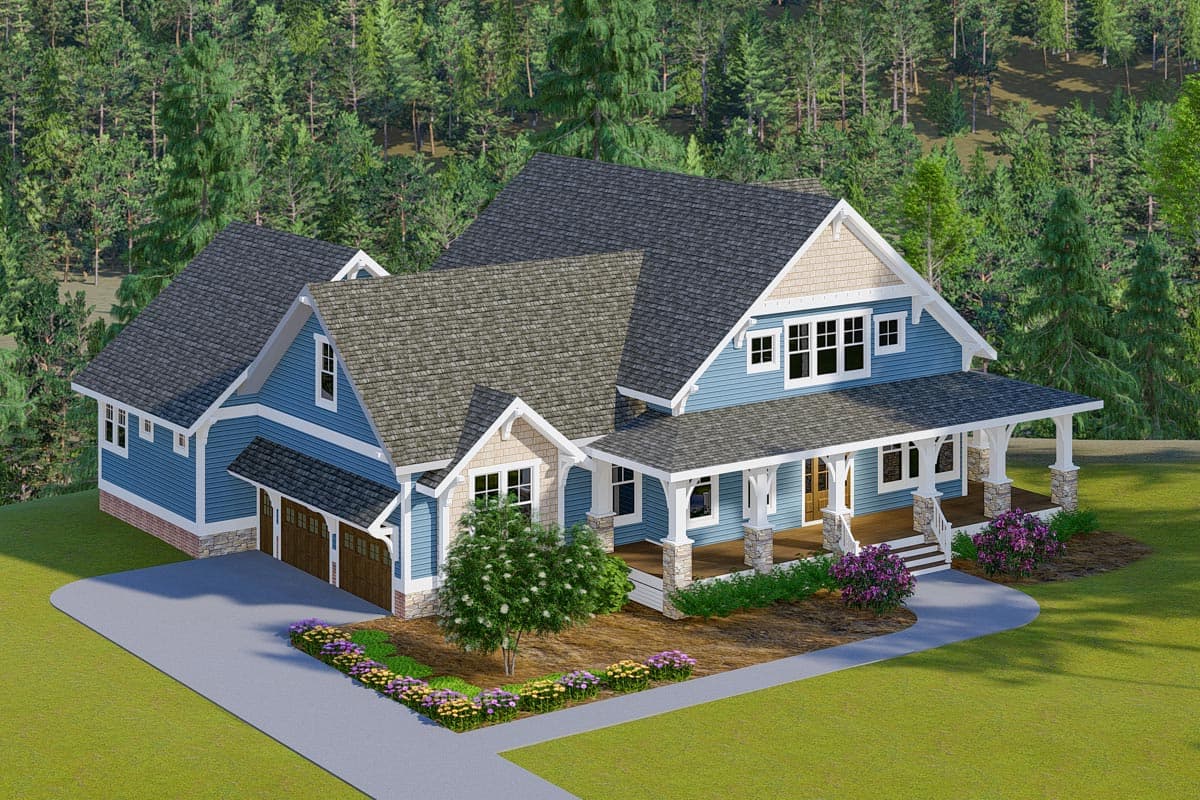 House plan exterior featuring Craftsman style, two stories, front porch, multiple gables, and attached garage. Blue siding, stone accents.