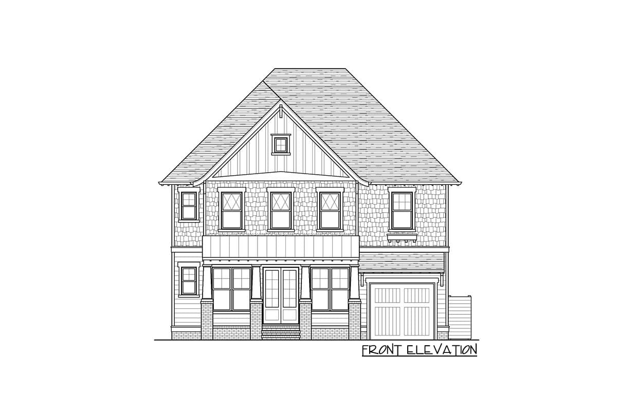 Front elevation drawing of a two-story house with gabled roof, dormer, porch, and attached garage.