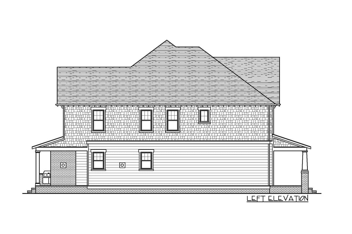 Left elevation house plan drawing showing a two-story home with a complex roofline, shingle siding, and a covered porch.