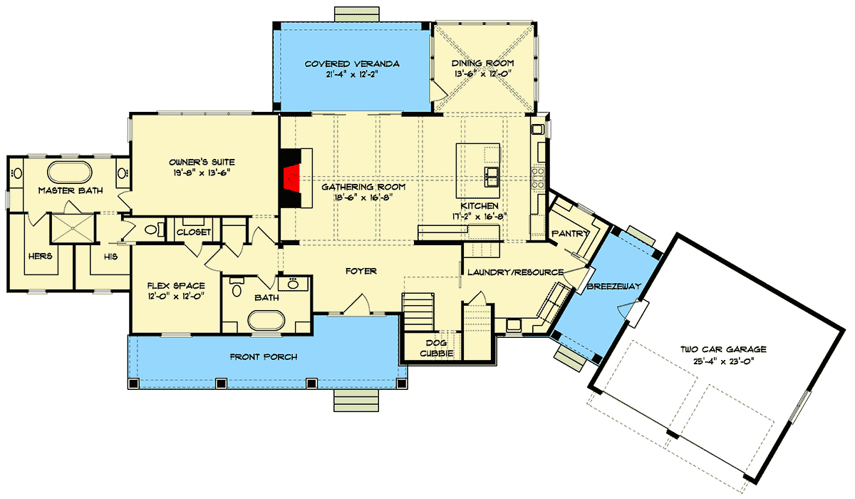 Plan 93129EL: Superb Low Country House Plan with Future Bonus Room above Garage - Floor Plan - Main Level - Country, Farmhouse, Low Country, Modern Farmhouse, New American