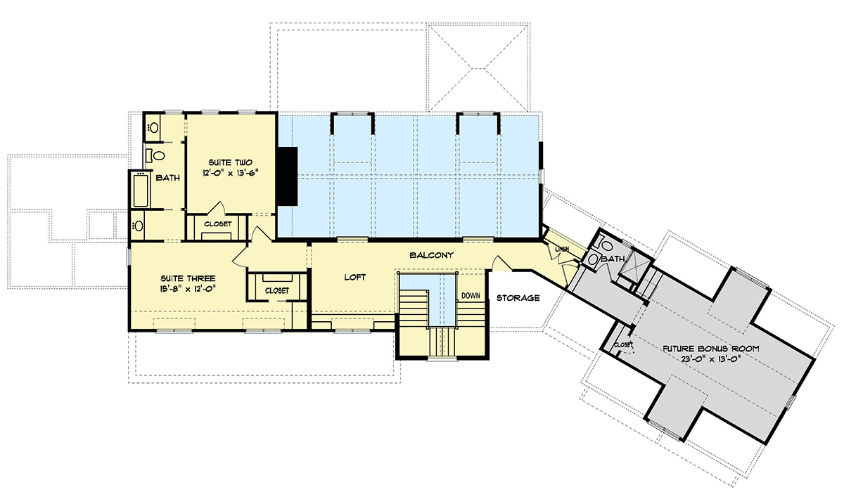 Plan 93129EL: Superb Low Country House Plan with Future Bonus Room above Garage - Floor Plan - 2nd Floor - Country, Farmhouse, Low Country, Modern Farmhouse, New American
