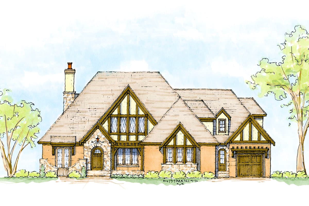 Tudor style house plan exterior with stone accents, prominent gables, decorative half-timbering, and a side-entry garage.