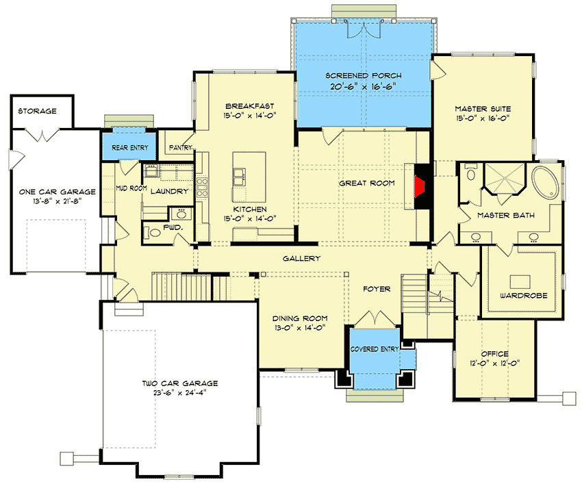 Plan 93134EL: Exclusive Traditional Home with First-floor Master Suite - Floor Plan - Main Level - Country, Craftsman, Shingle, Traditional