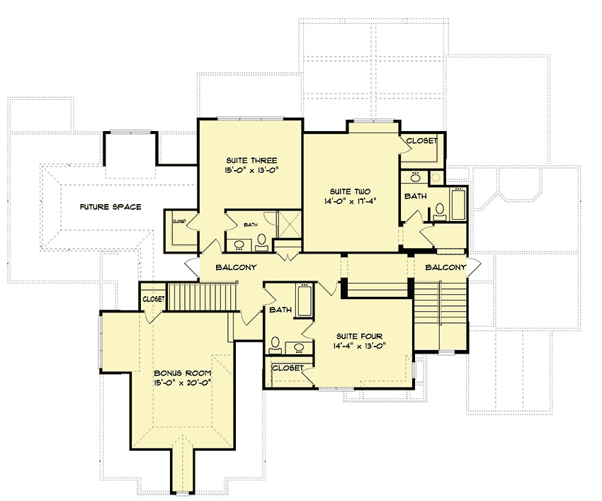 Plan 93134EL: Exclusive Traditional Home with First-floor Master Suite - Floor Plan - 2nd Floor - Country, Craftsman, Shingle, Traditional