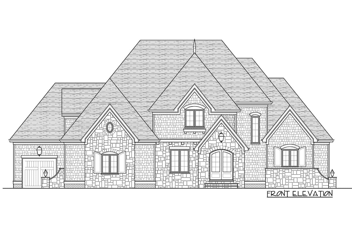 Front elevation drawing of a multi-story house plan with stone facade, multiple gables, and attached garage.
