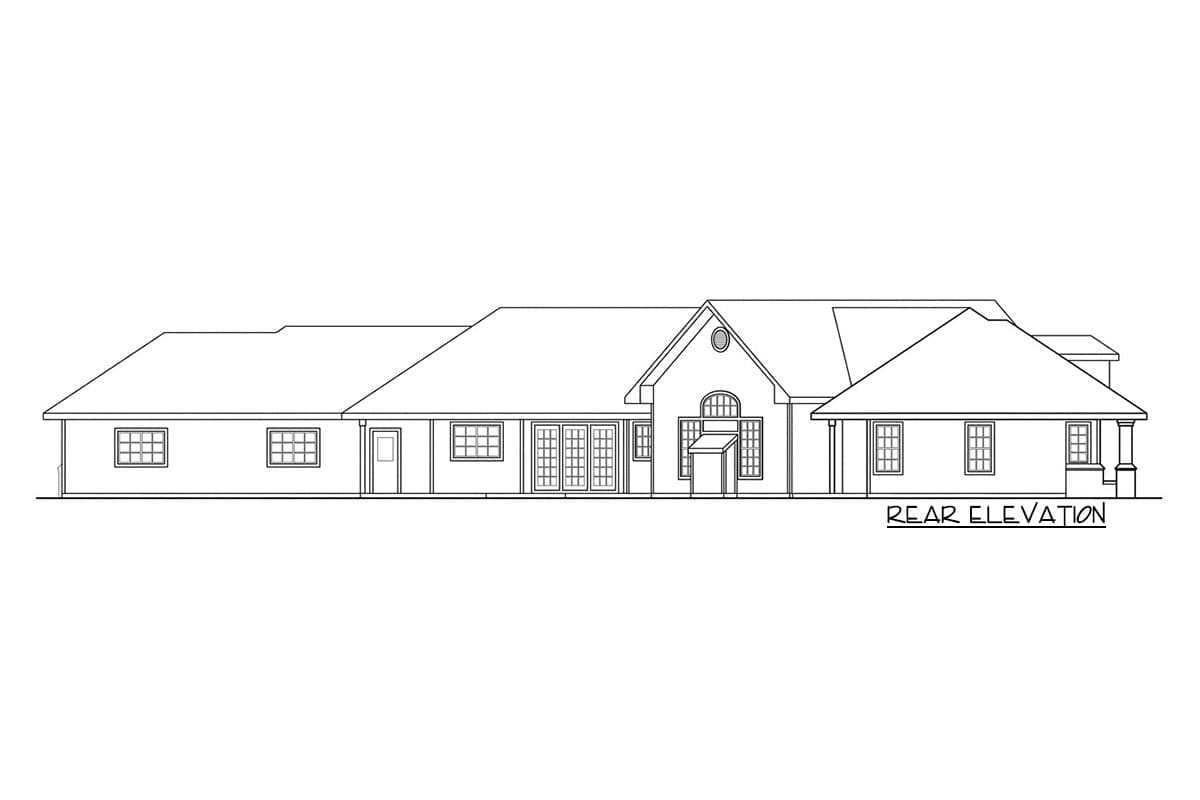 Rear elevation house plan: One-story, hip rooflines, double doors, multiple windows, and a gabled central section with arched window.