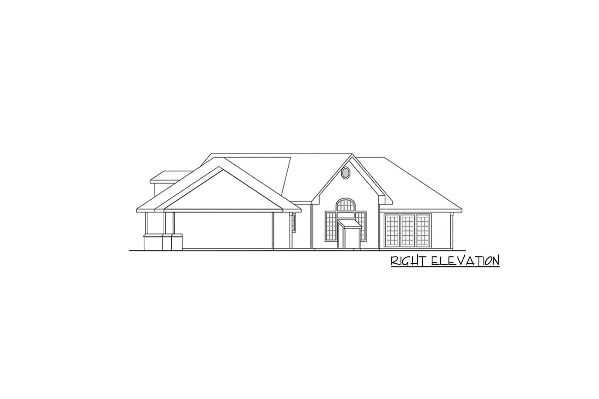 Right elevation of a one-story house plan featuring a covered carport, gable dormer with arched window, and double doors.