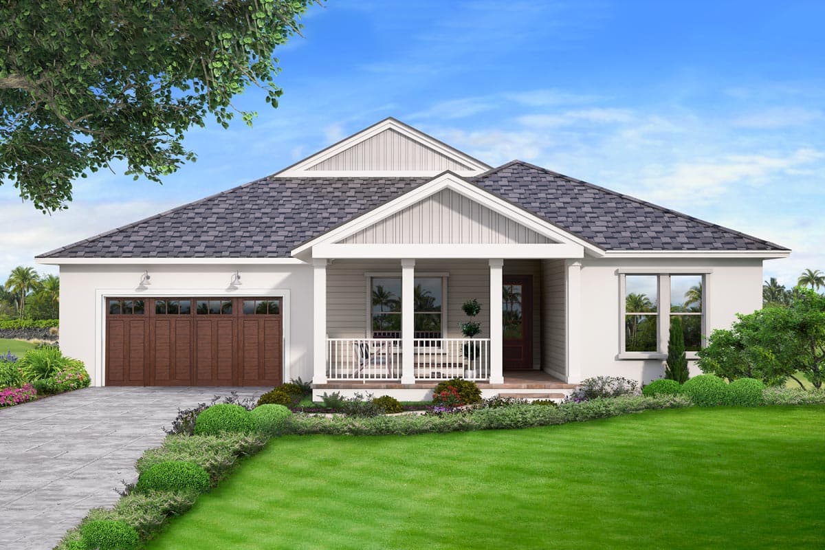 House plan exterior. Single-story ranch-style home with a front porch, gables, and an attached garage. Features a dark shingle roof.