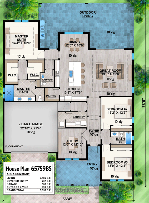Plan 65759BS: Florida Ranch Home with Large Outdoor Living Space - Floor Plan - Main Level - Florida-Style, New American, Ranch, Southern, Traditional