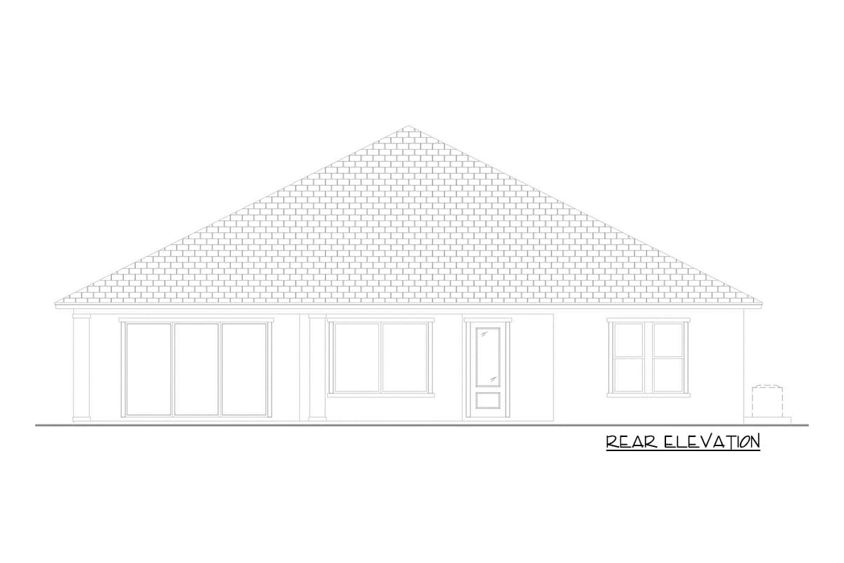 Rear elevation drawing of a single-story house plan featuring a hipped roof, sliding glass doors, a single door, and windows.