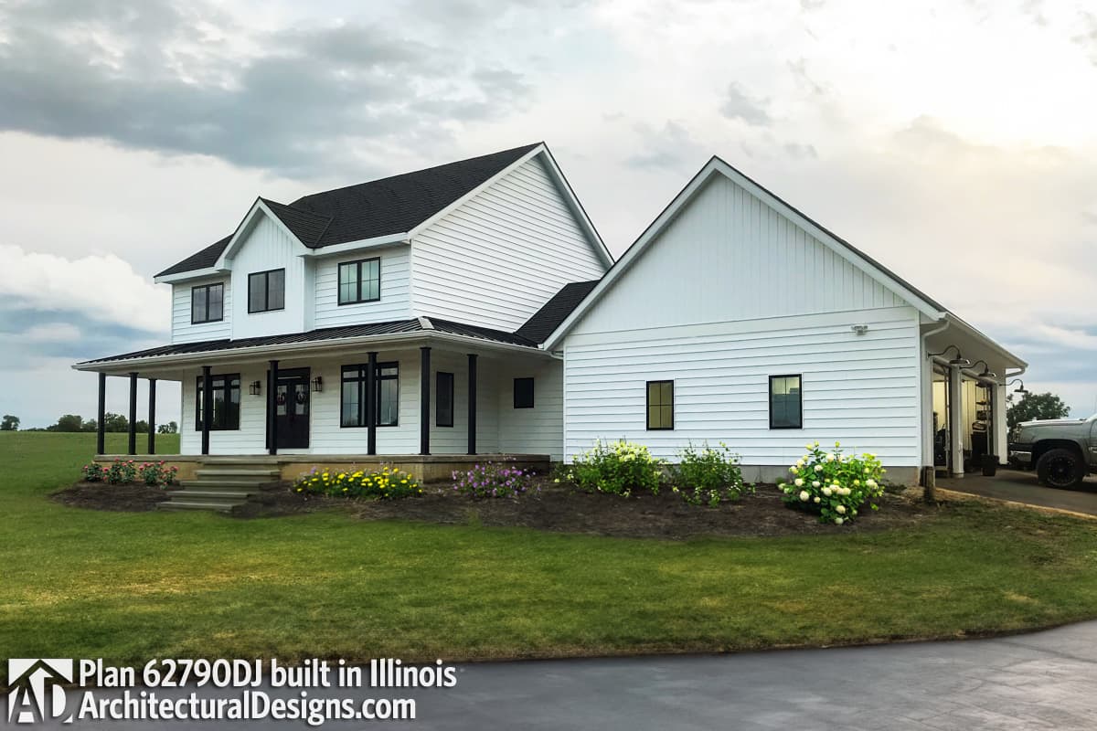 Modern Farmhouse house plan exterior, two stories, wrap-around porch, gabled dormers, and attached garage.