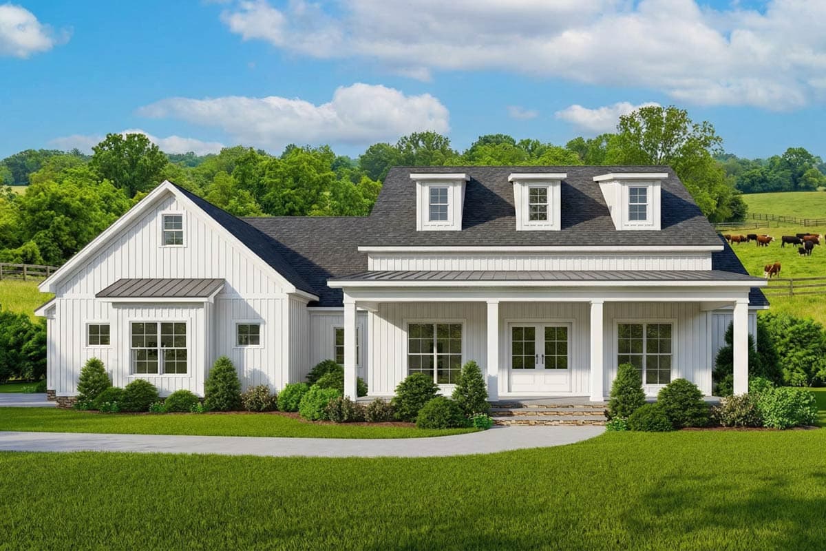 A white farmhouse with a dark gray roof sits on a grassy lawn. Cows graze in a field behind the house on a bright, sunny day.