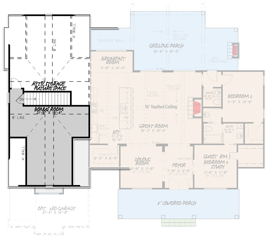 Plan 70634MK: 3-Bed Modern Farmhouse Plan with Bonus Room Above the Garage - Floor Plan - Bonus - Cottage, Country, Farmhouse, Modern Farmhouse, New American, Southern