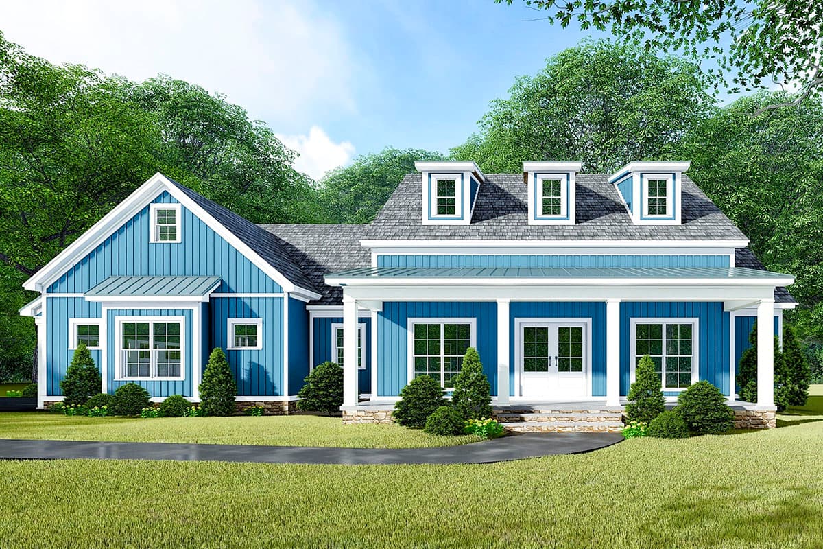 House plan exterior: Blue siding, two-story farmhouse with a covered front porch, gabled dormers, and a prominent gable end.