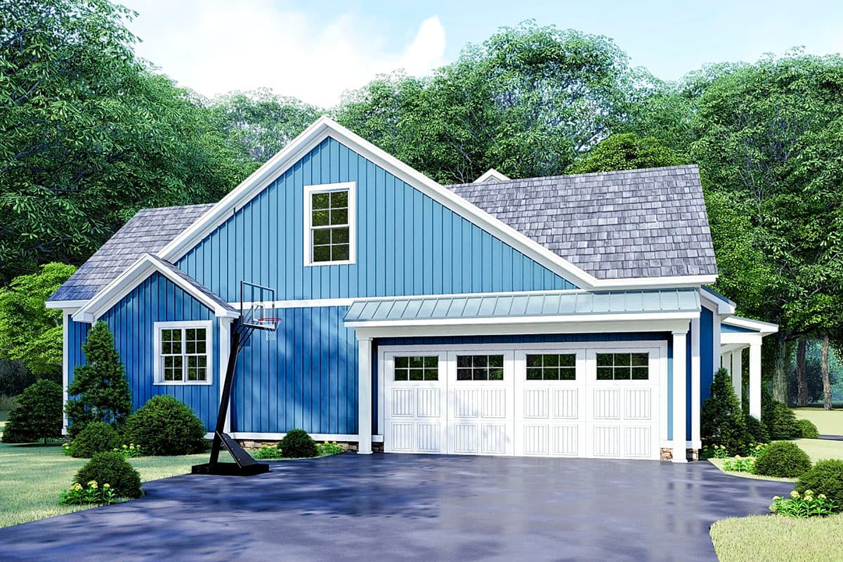House plan exterior of a blue Modern Farmhouse with a three-car garage, gabled roof, and visible dormer.
