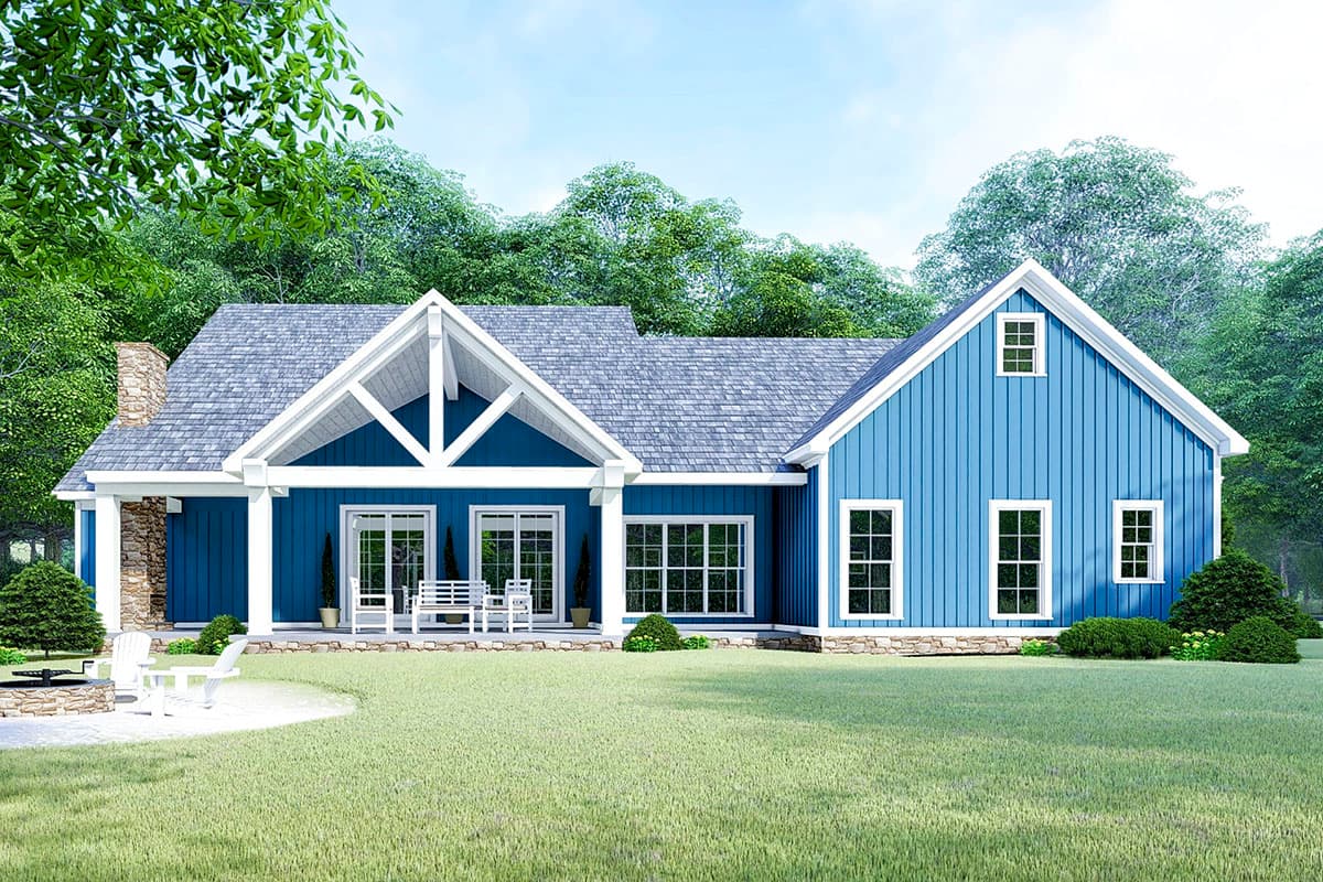 House plan exterior: Blue Modern Farmhouse, one story, prominent gabled entryway, stone chimney, large windows.