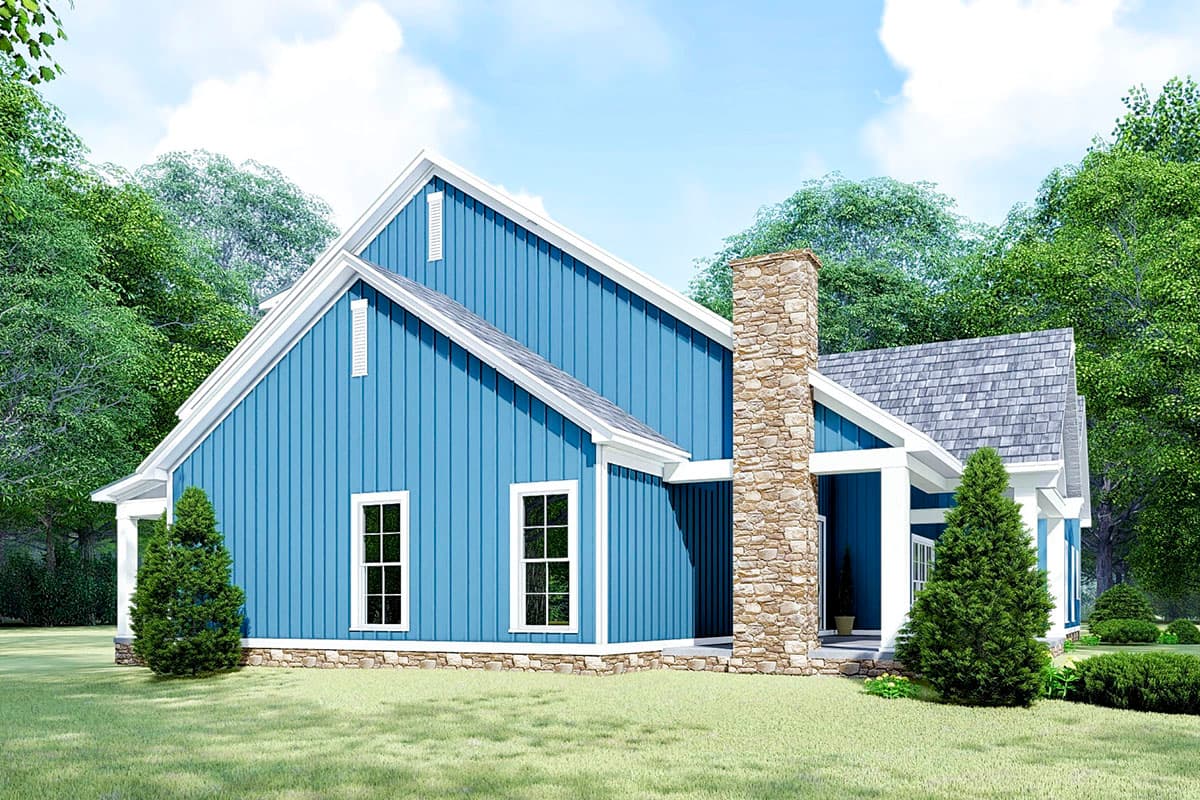 House plan exterior: Modern Farmhouse with vertical siding, stone chimney, and gabled rooflines.