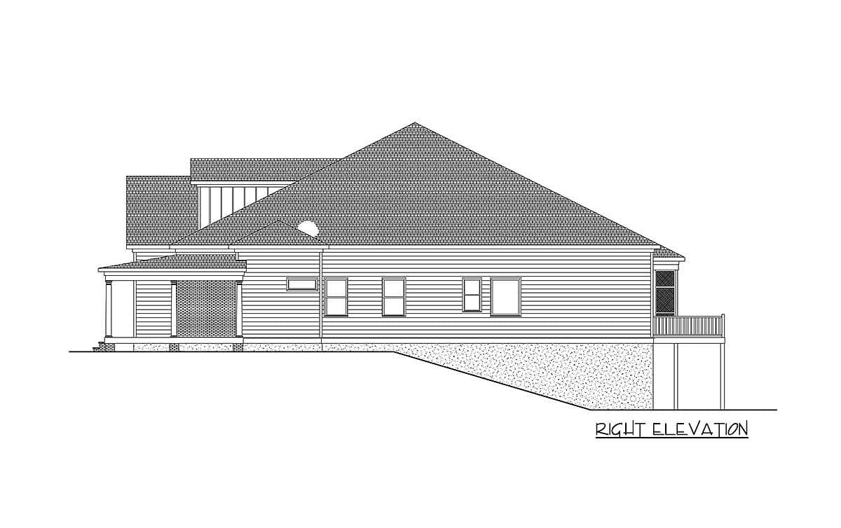 Right elevation house plan drawing showing a multi-story structure with gabled roof, dormer, and covered porch.