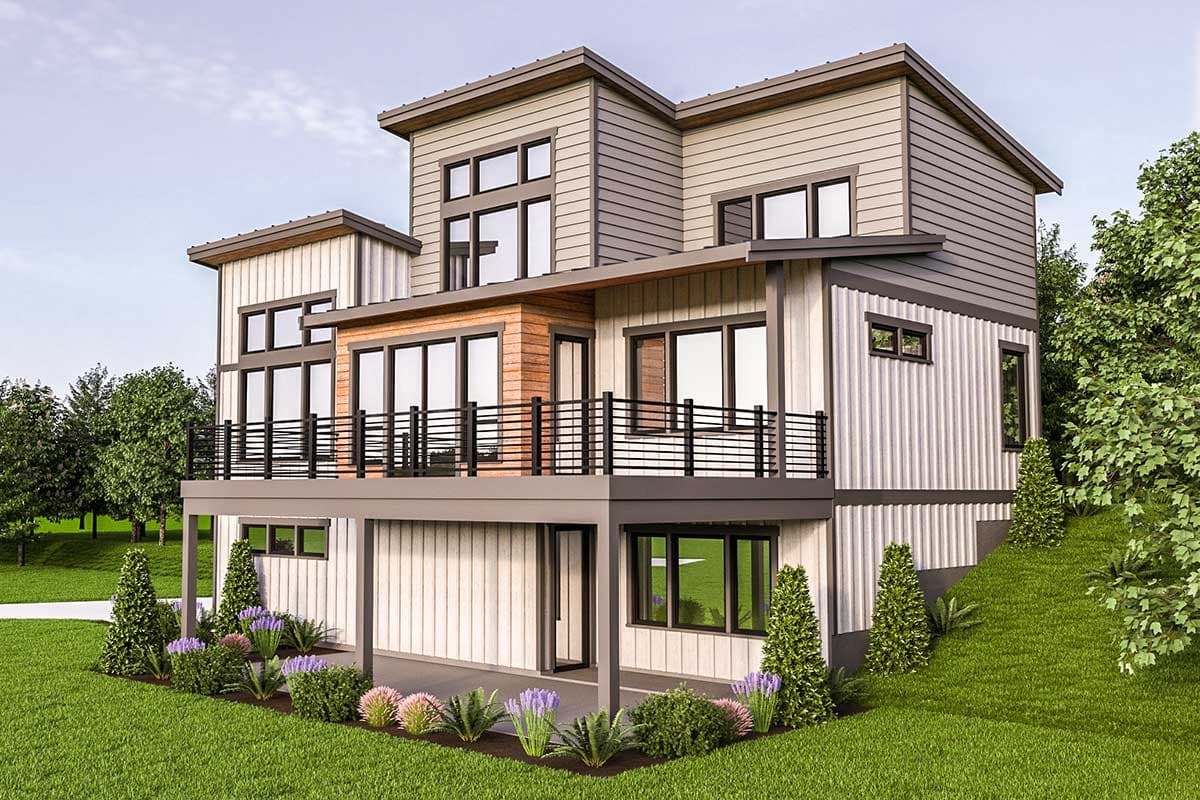 Modern house plan exterior with multiple stories, a wraparound deck, and varied window arrangements.