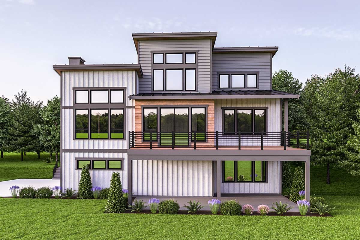 Modern house plan exterior with multiple levels, a cantilevered deck, and abundant large windows. Features vertical siding and a flat roof.