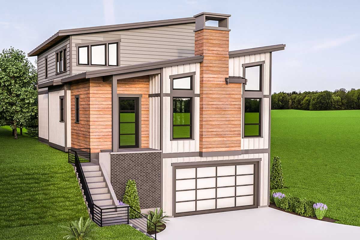 House plan exterior. Modern style, two-story home with a shed roof, chimney, and an attached garage with glass panels and a brick foundation.