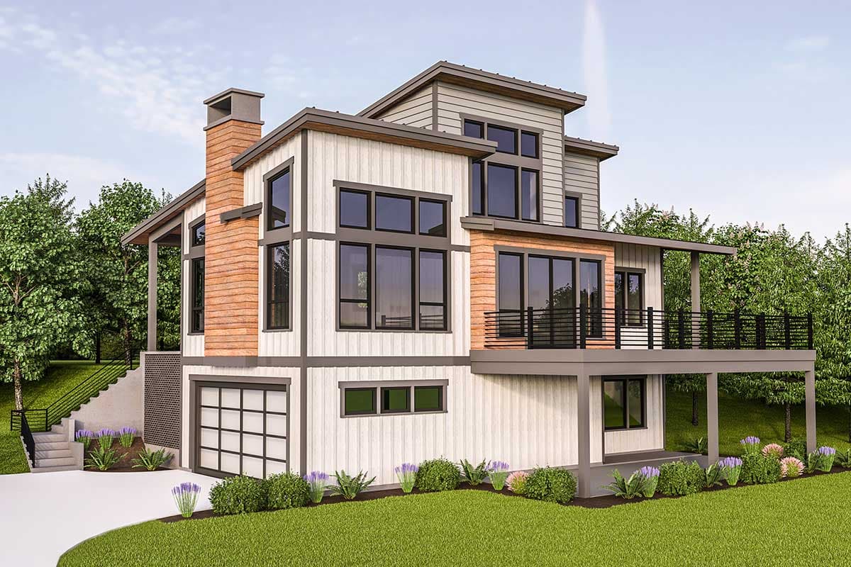 Modern house plan exterior with multiple stories, large windows, wood siding, and a covered balcony.
