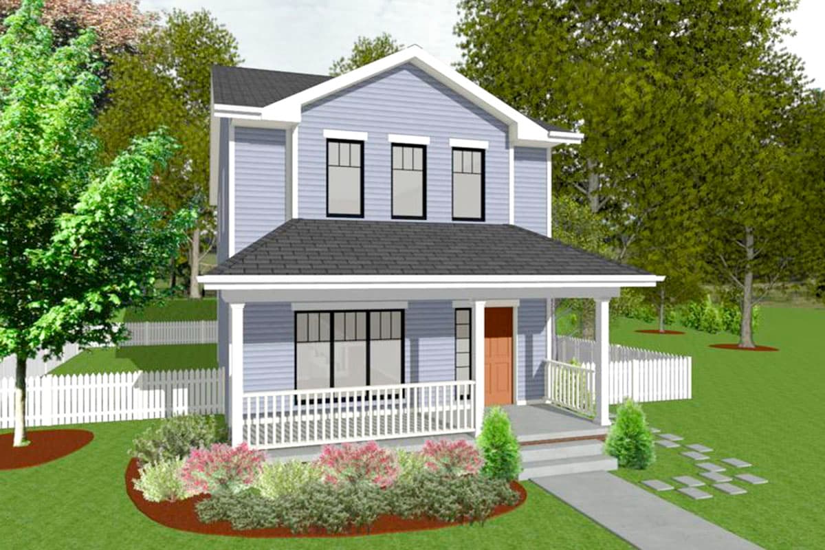 House plan exterior featuring a two-story Craftsman style home with a front porch, gables, and a prominent roofline.