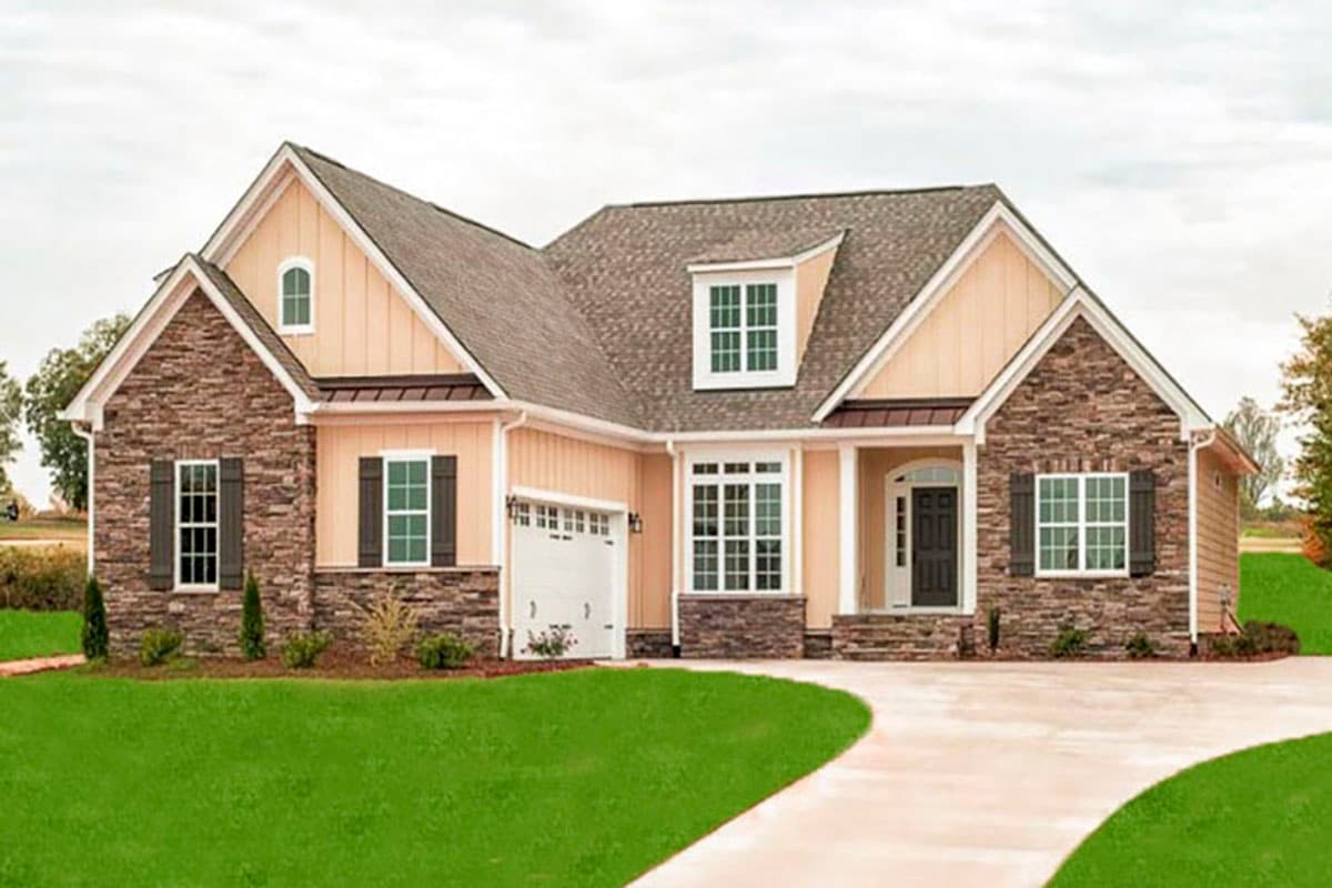 House plan exterior with stone accents, gabled roof, dormers, and attached garage. Two-story with front porch.