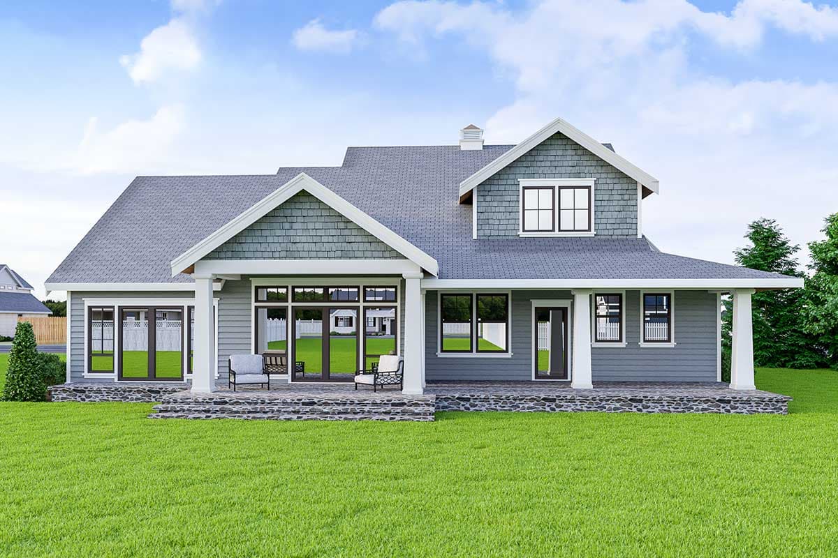 House plan exterior: Two-story Modern Farmhouse with a wrap-around porch, prominent gables, and large windows.